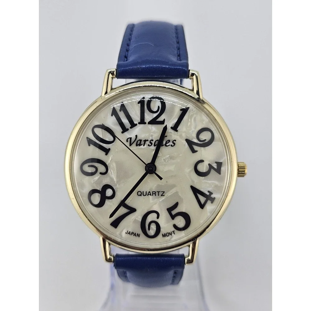 Versales Women's Watch 44MM Cream Dial Blue Faux Leather Bands NEW Battery